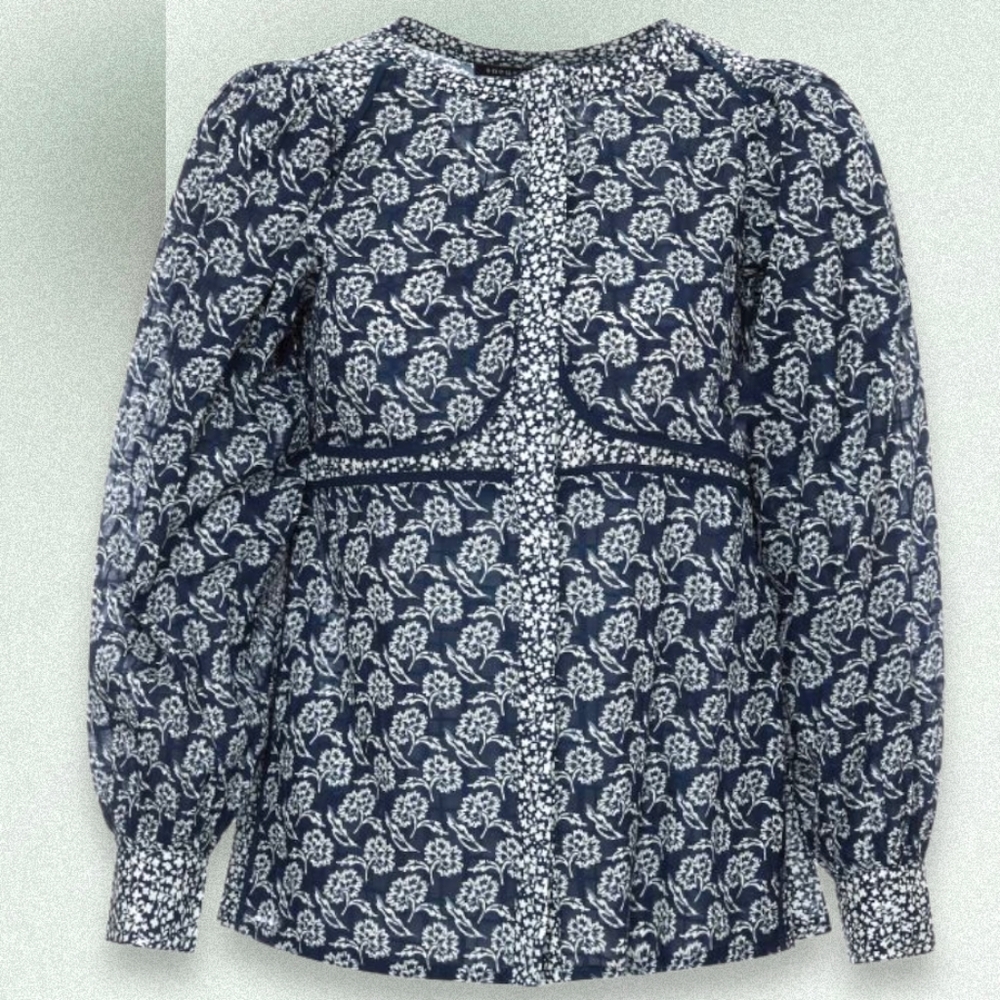 soeur Navy and White Floral Puff-Sleeve Blouse